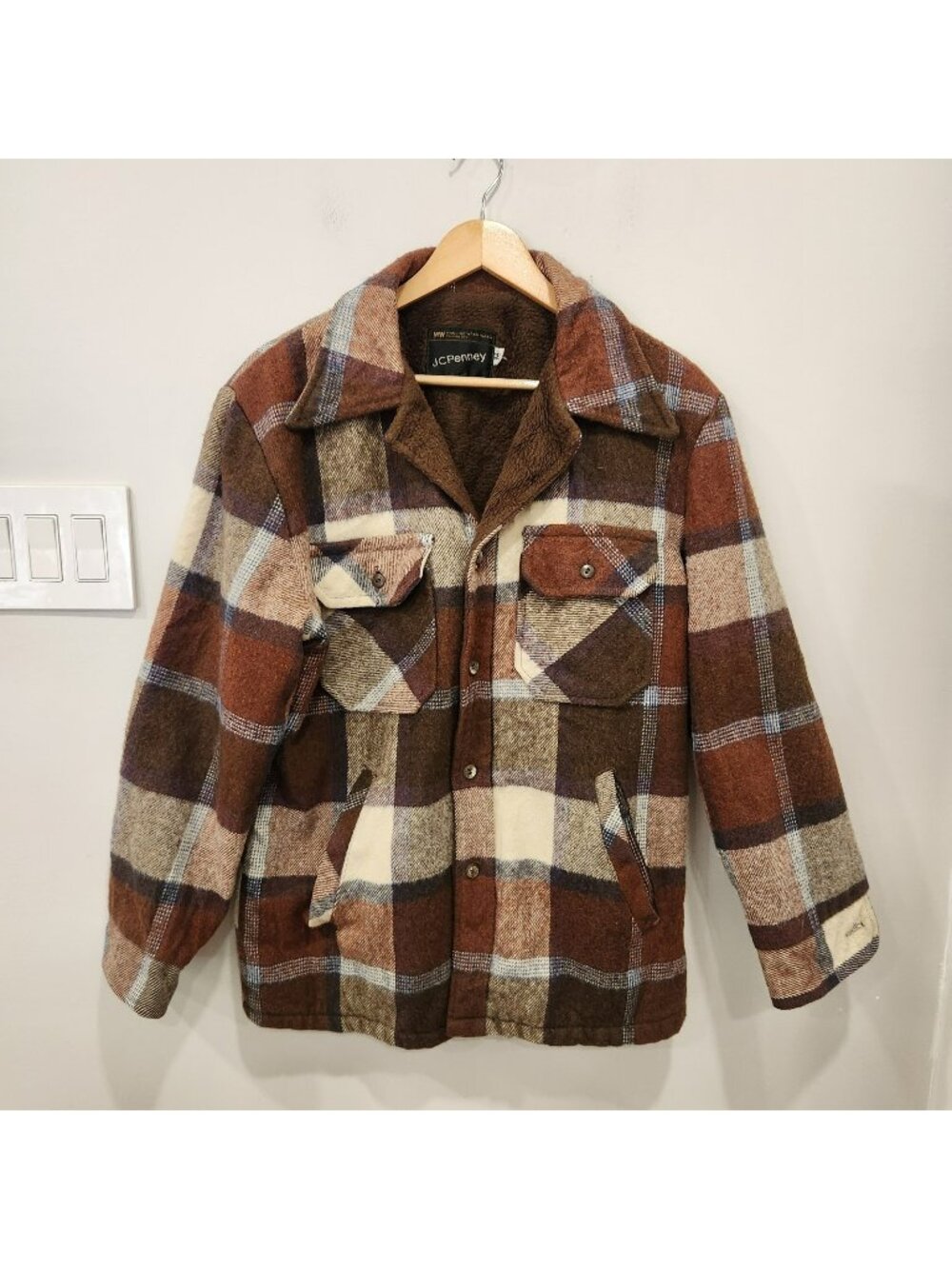 Vintage 60s 70s JC Penneys Mens M Sherpa Plaid Heavyweight Flannel Shacket Brown